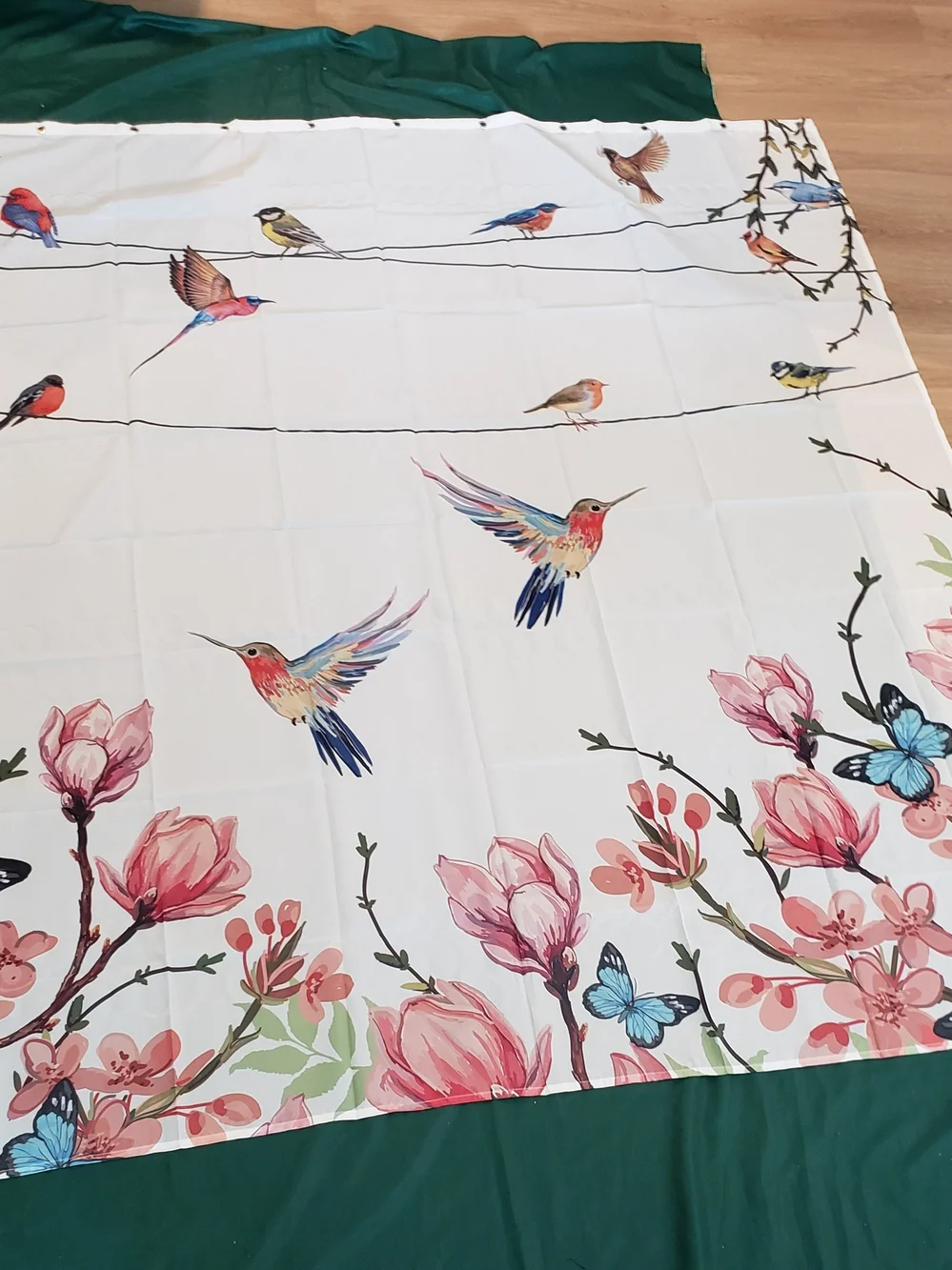 NEW Shower Curtain Allenjoy Pink Floral & Hummingbirds on White & Butterflies